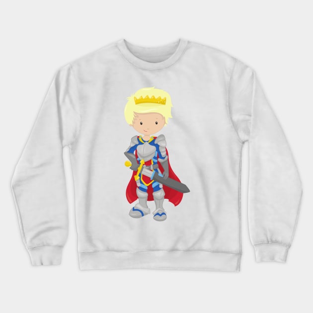 Prince, King, Knight, Sword, Crown, Blond Hair Crewneck Sweatshirt by Jelena Dunčević